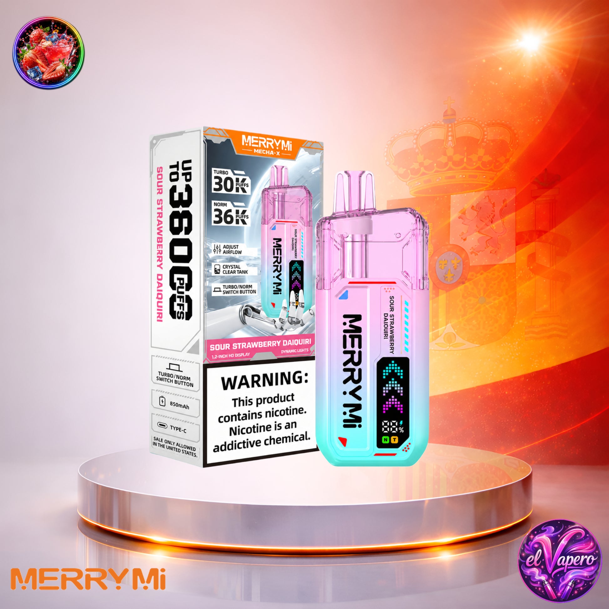 MerryMi Mecha X 36K España vaper desechable Sour Strawberry Daiquiri con 36000 caladas y sabor a fresa ácida refrescante