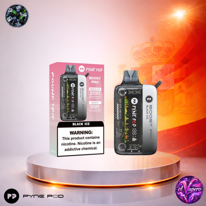 Vaper desechable Pyne Pod Boost Pro Black Ice con hasta 20000 caladas y refrescante sabor helado.