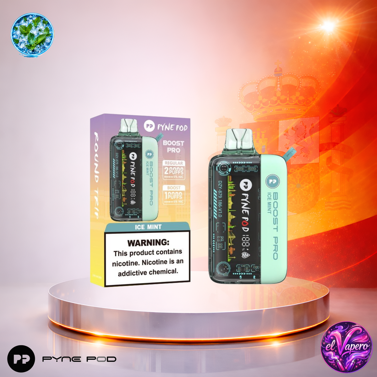 Vaper desechable Pyne Pod Boost Pro Ice Mint con hasta 20000 caladas y refrescante sabor a menta helada.