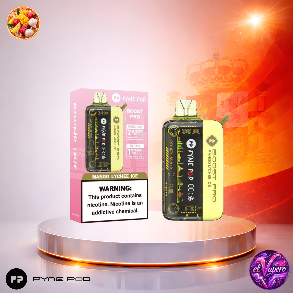 Vaper desechable Pyne Pod Boost Pro Mango Lychee Ice con hasta 20000 caladas y refrescante sabor a mango y lichi helado.