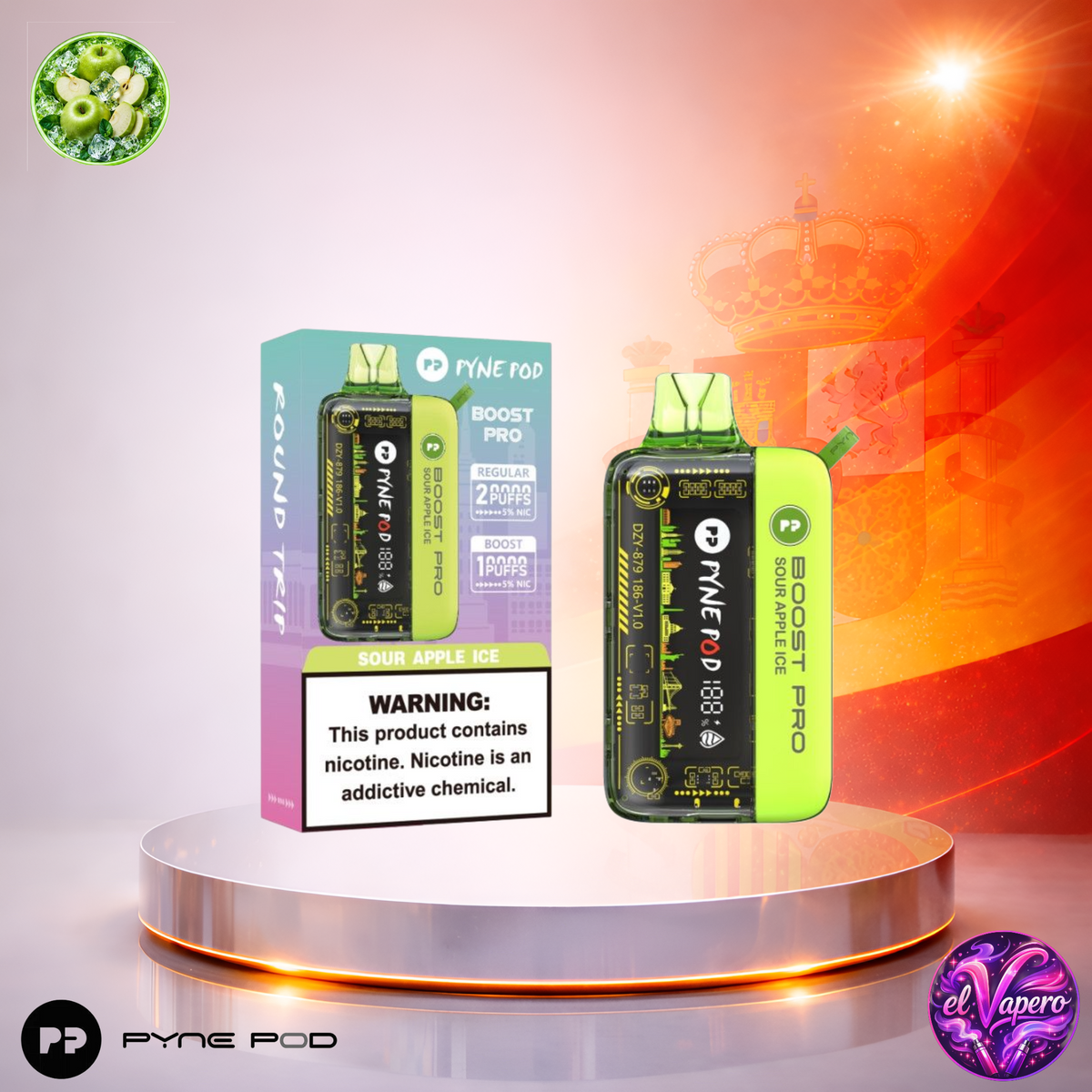 Vaper desechable Pyne Pod Boost Pro Sour Apple con hasta 20000 caladas y sabor ácido a manzana verde.
