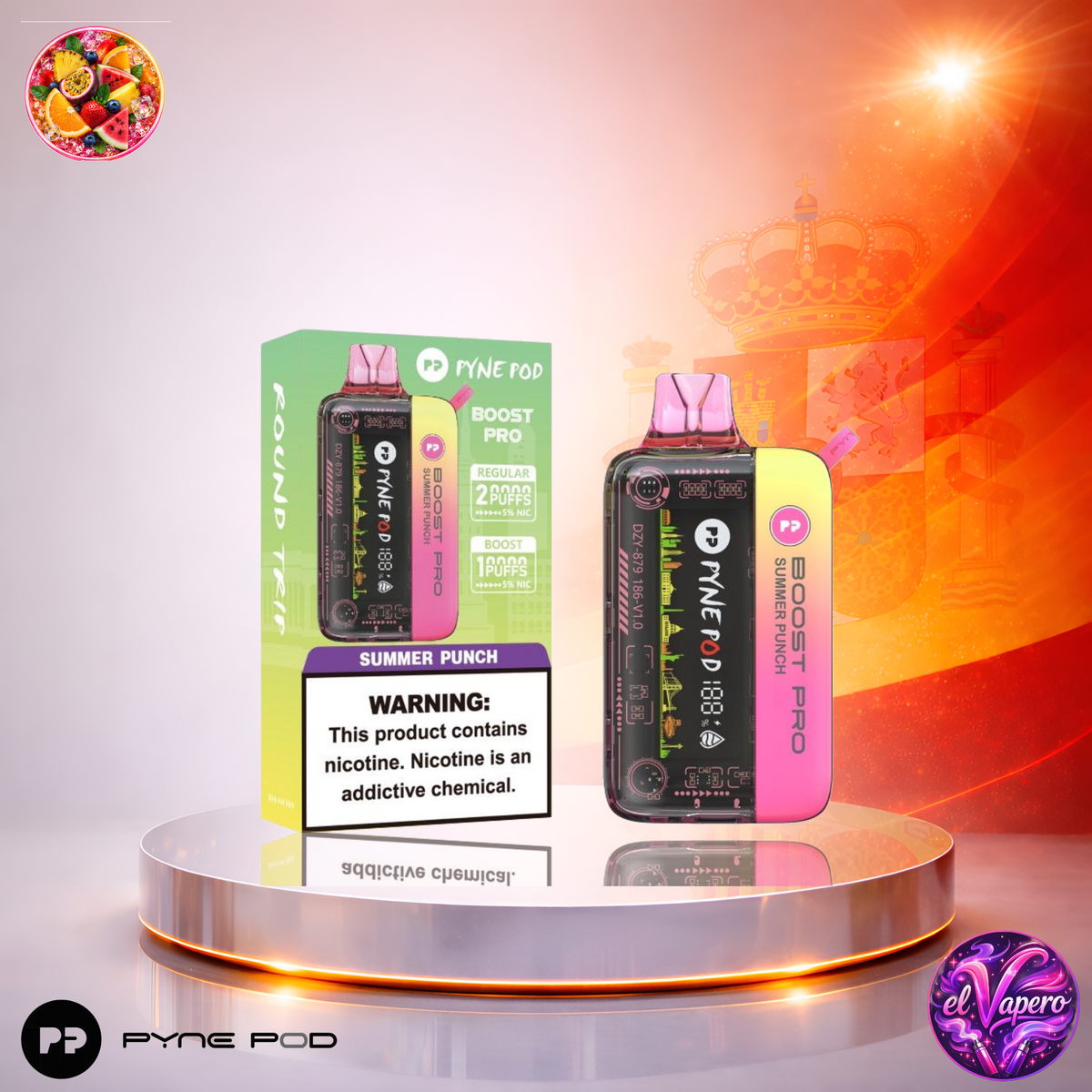 Vaper desechable Pyne Pod Boost Pro Summer Punch con hasta 20000 caladas y refrescante sabor tropical.