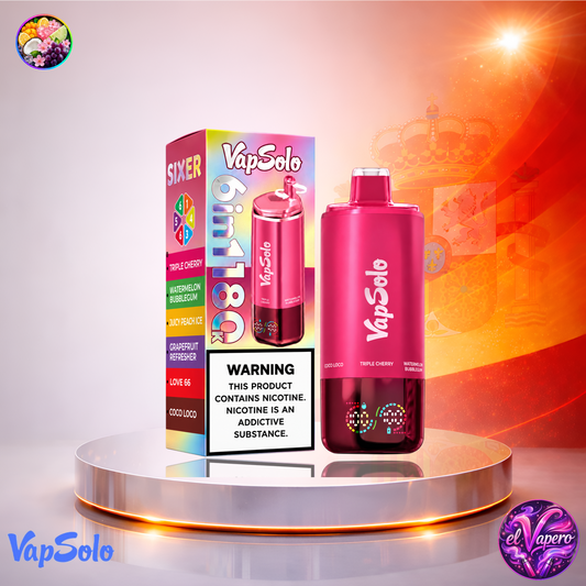 Vaper desechable VapSolo 180K Sixer España Triple Watermelon, Juicy Grape, Love 66 y Coco con hasta 180000 caladas y variedad de sabores frutales.