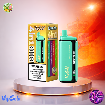 Vaper desechable VapSolo Quads 80K España Lime, Blackberry y Blueberry con hasta 80000 caladas y variedad de sabores frutales.