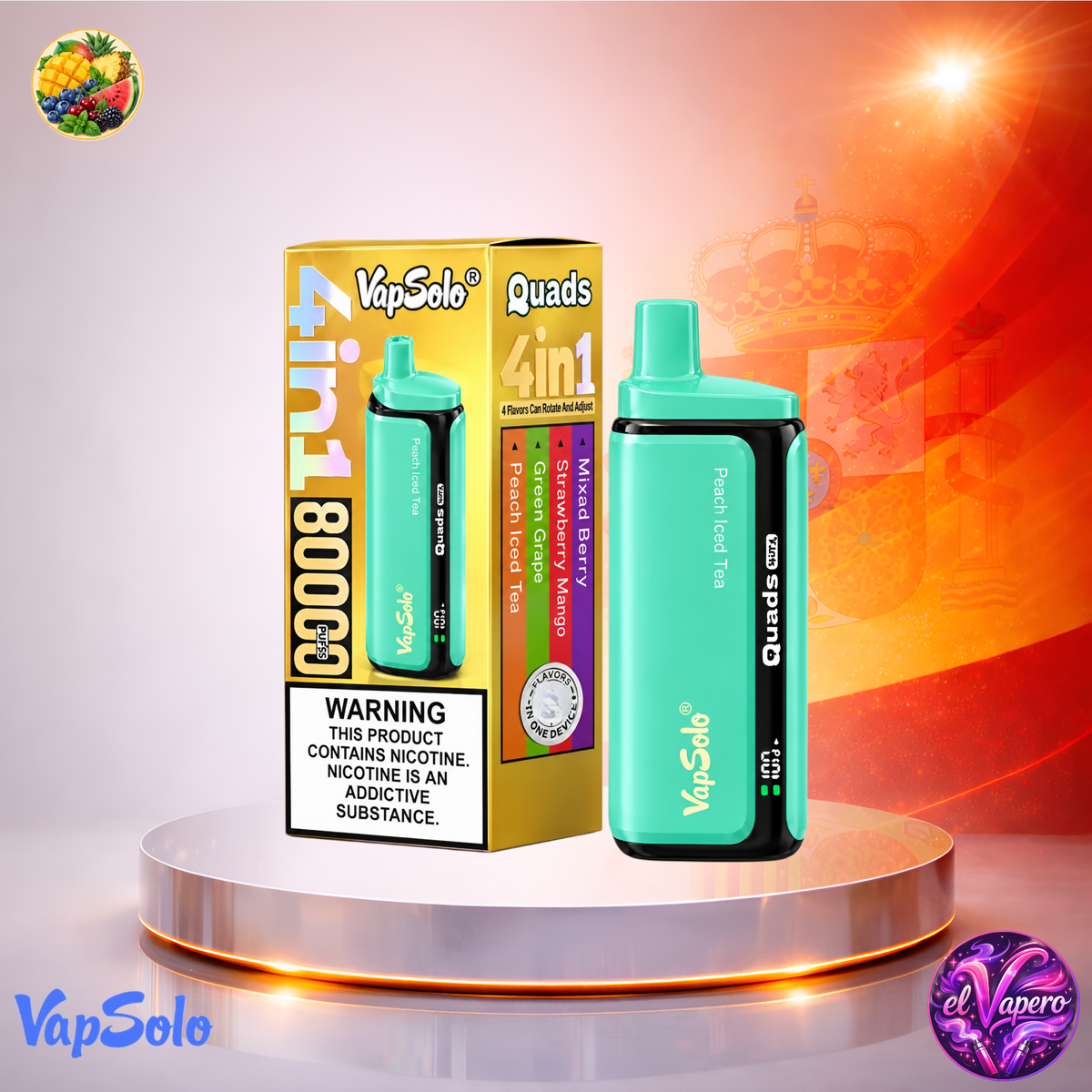 Vaper desechable VapSolo Quads 80K España Mixed, Strawberry Grape y Peach Iced Tea con hasta 80000 caladas y variedad de sabores frutales y refrescantes.