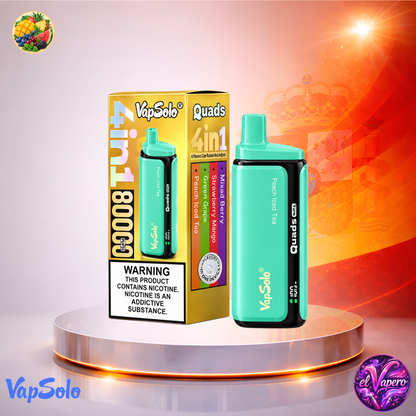 Vaper desechable VapSolo Quads 80K España Mixed, Strawberry Grape y Peach Iced Tea con hasta 80000 caladas y variedad de sabores frutales y refrescantes.