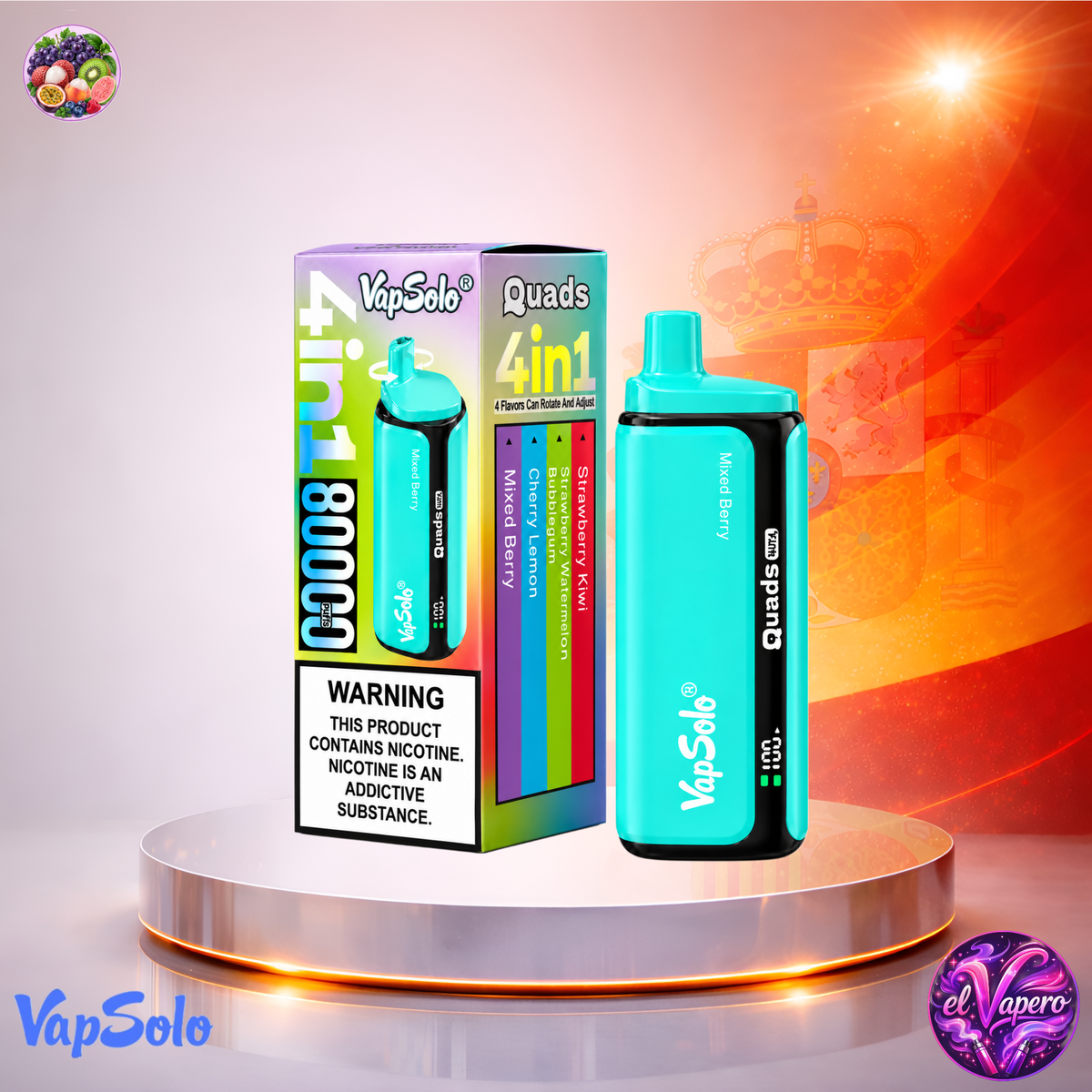Vaper desechable VapSolo Quads 80K España Strawberry Watermelon, Cherry y Mixed con hasta 80000 caladas y variedad de sabores frutales.