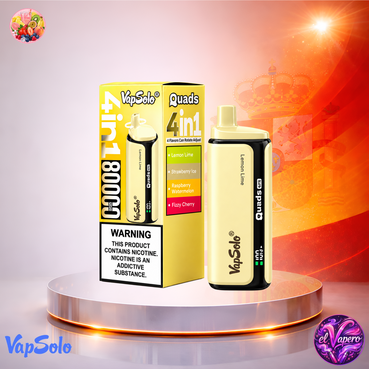 Vaper desechable VapSolo Quads 80K España Lemon Strawberry, Raspberry y Fizzy con hasta 80000 caladas y variedad de sabores frutales y refrescantes.