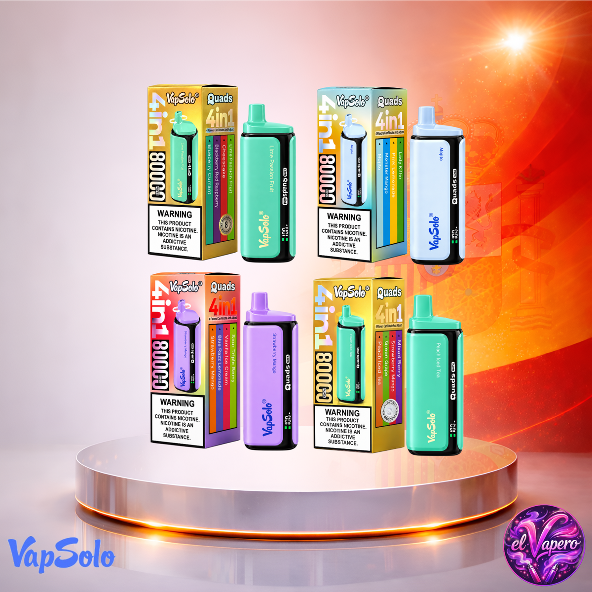 Vaper desechable VapSolo Quads 80K España Mix con hasta 80000 caladas y variedad de sabores.