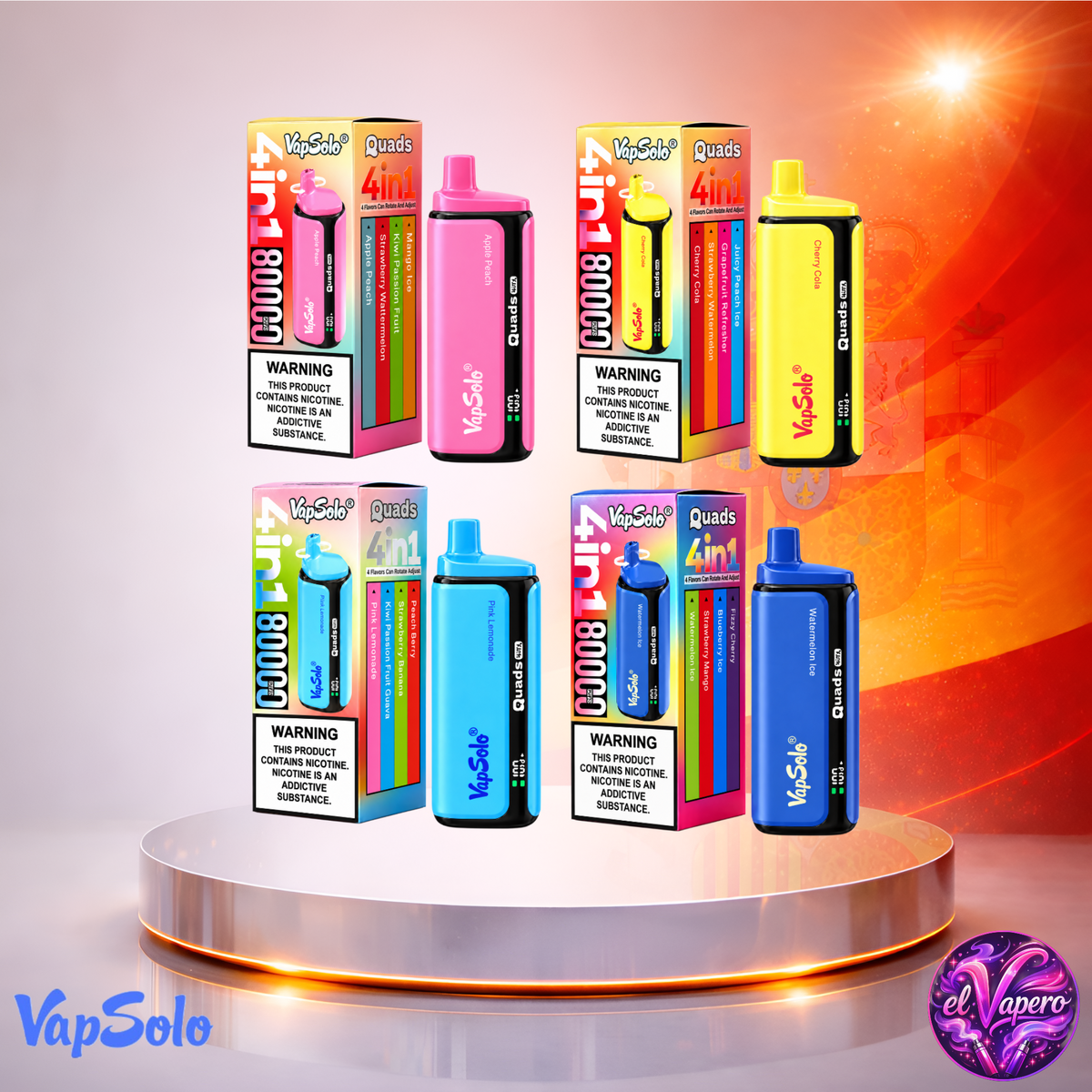 Vaper desechable VapSolo Quads 80K España Mix 1 con hasta 80000 caladas y variedad de sabores.