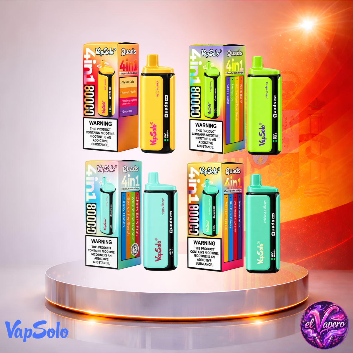 Vaper desechable VapSolo Quads 80K España Mix 2 con hasta 80000 caladas y variedad de sabores.
