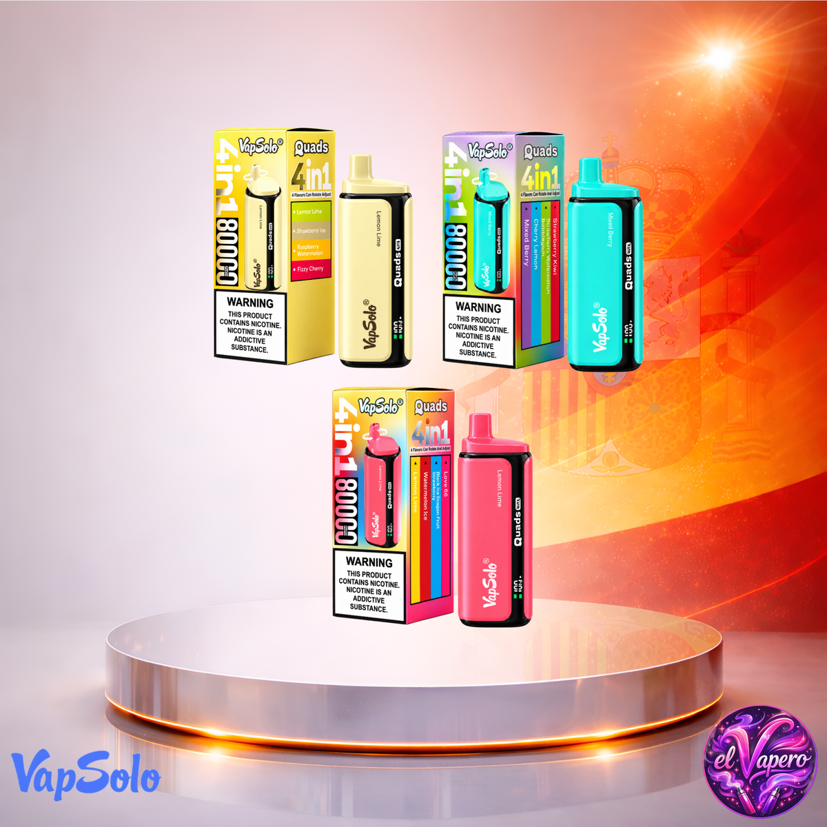 Vaper desechable VapSolo Quads 80K España Mix 3 con hasta 80000 caladas y variedad de sabores.