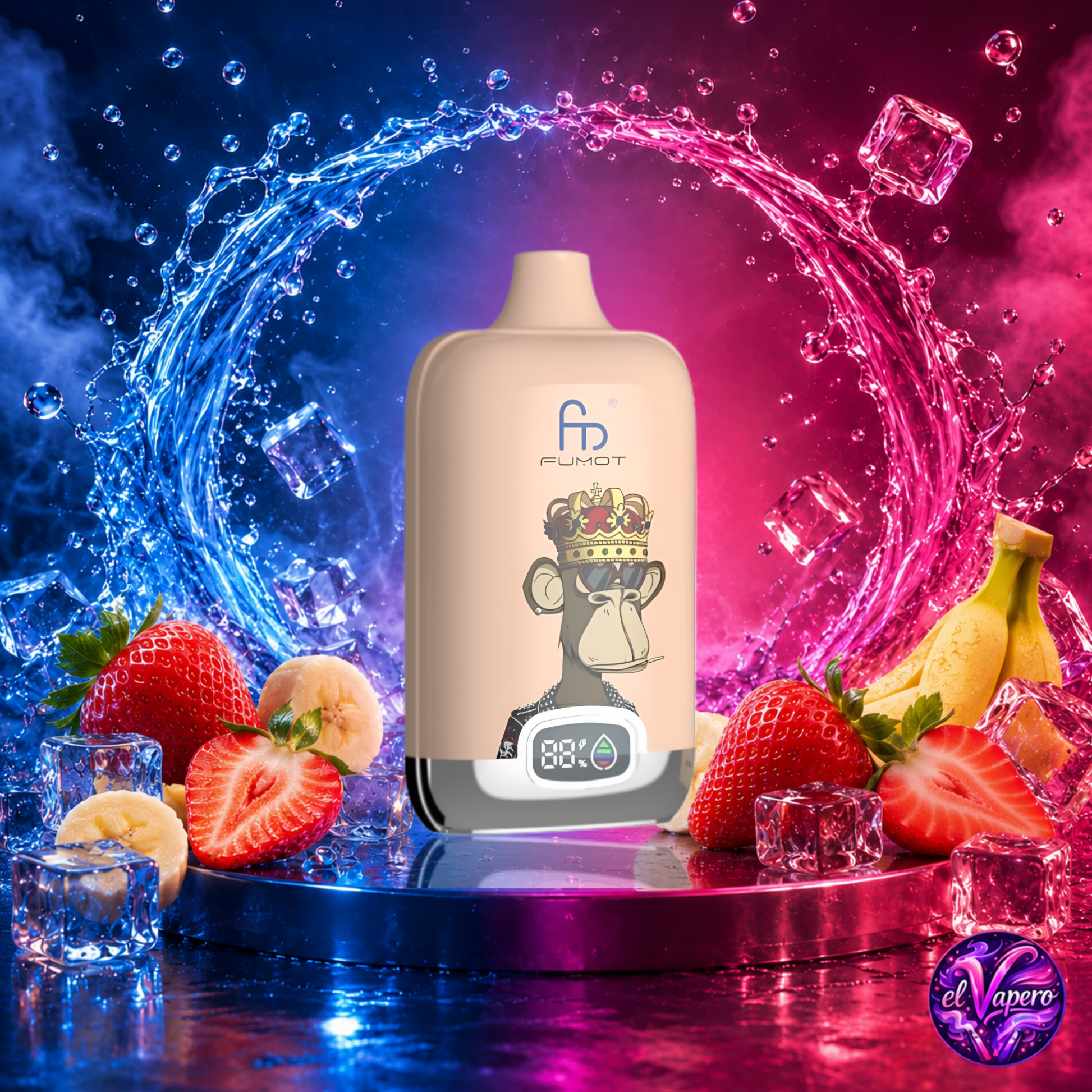 Vape desechable Fumot Digital Box 12K Strawberry Banana con hasta 12000 caladas disponible en ElVapero.es