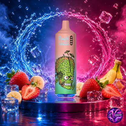 Vape desechable Fumot RandM Tornado 9K Strawberry Banana con hasta 9000 caladas disponible en ElVapero.es