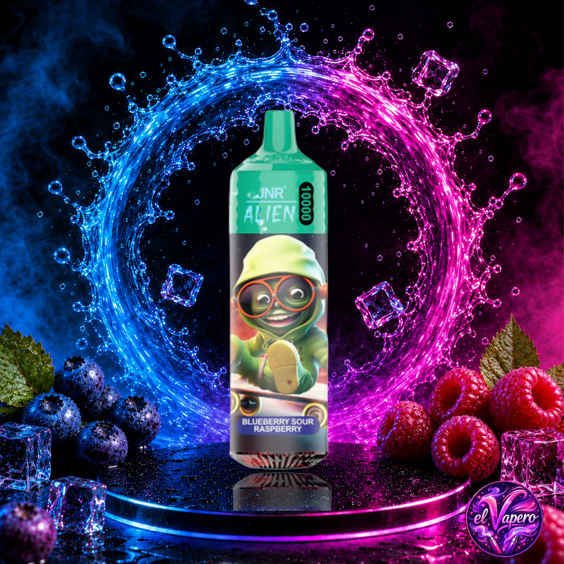 Vaper desechable JNR Alien 10K Blueberry Sour Raspberry con hasta 10000 caladas disponible en ElVapero.es