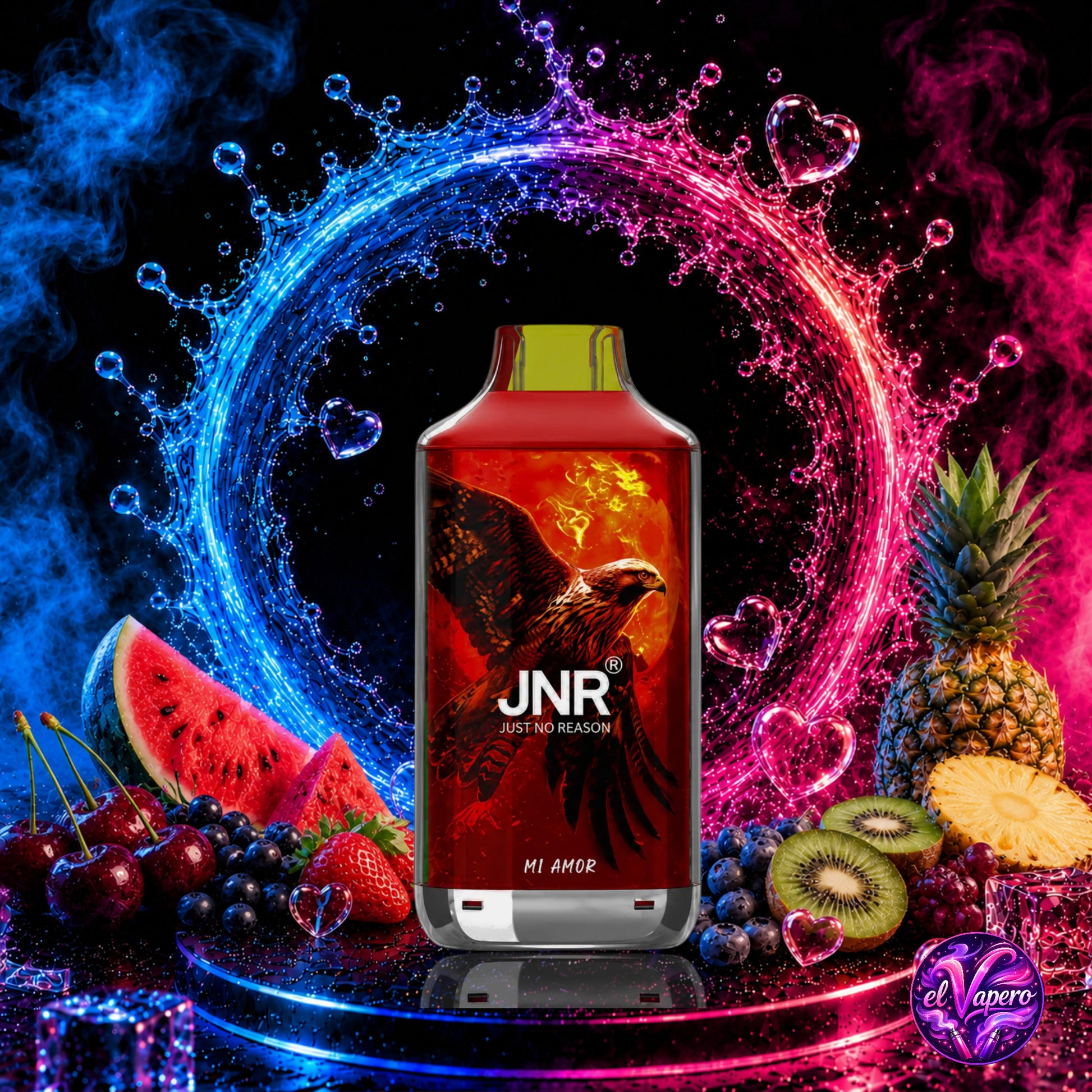 Vaper desechable JNR Falcon 16K Mi Amor con 16000 caladas y sabor dulce, frutal y refrescante