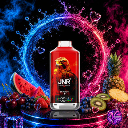 Vaper desechable JNR Falcon X 18K Mi Amor con 18000 caladas y sabor dulce, frutal y refrescante