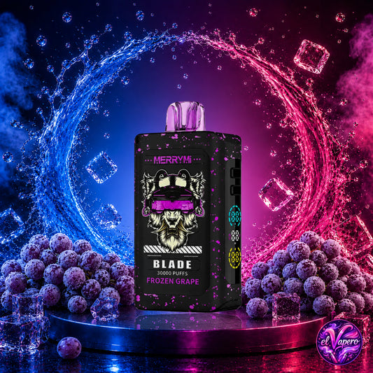Vaper desechable MerryMi Blade 30K Frozen Grape con hasta 30000 caladas disponible en ElVapero.es