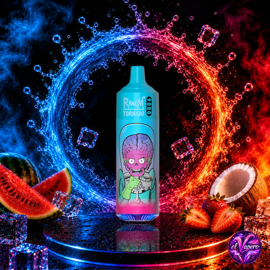 Vaper desechable RandM Tornado 9K Tiger Blood con 9000 caladas y sabor tropical intenso