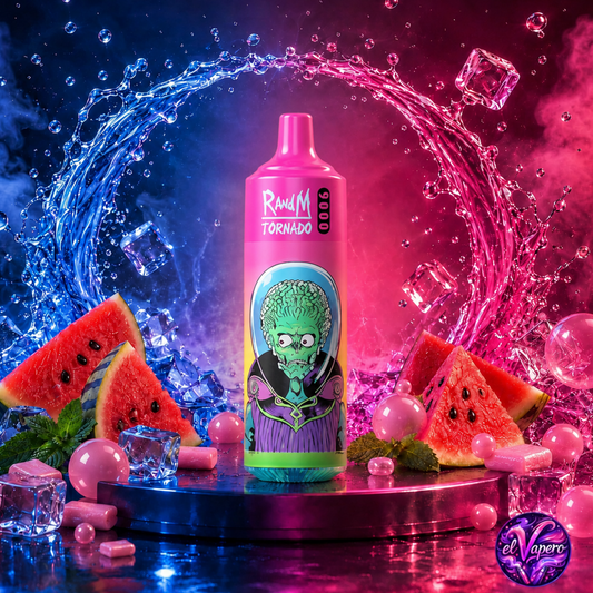Vape desechable RandM Tornado 9K Watermelon Bubblegum con hasta 9000 caladas disponible en ElVapero.es